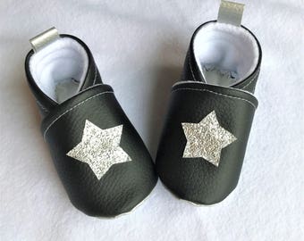 Baby soft slippers, imitation leather and fleece, from birth to size 36