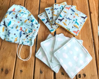 8 washable wipes, reusable wipes, sachet wipes, 8 wipes and its matching bag