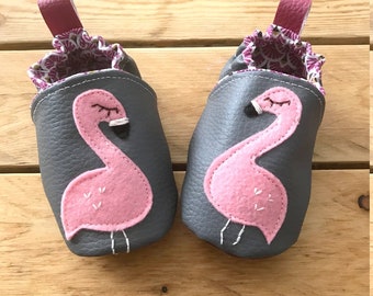 Soft baby shoes, flamingo patterns, faux gray leather, brown suede sole, cotton lining, baby booties