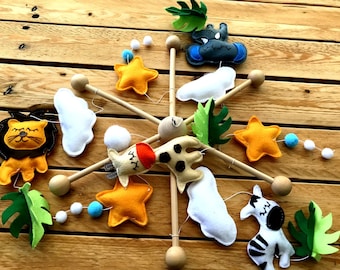 mobile baby animals of the savannah "cradle suspension", baby room decor, clouds, stars and pompoms