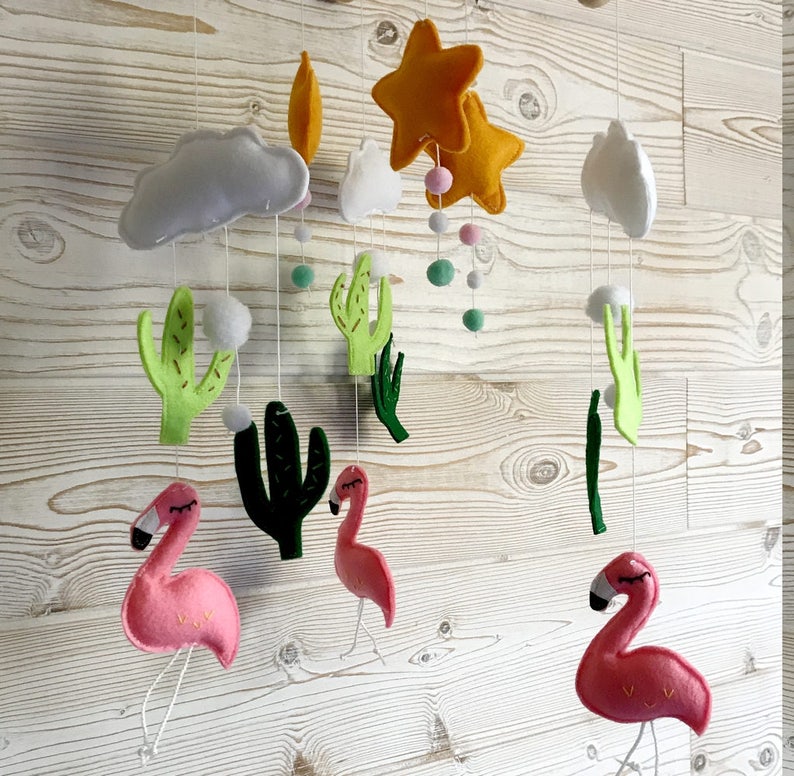 Mobile flamands-roses, stars, clouds and flakes, crib suspension, decoration baby room image 3