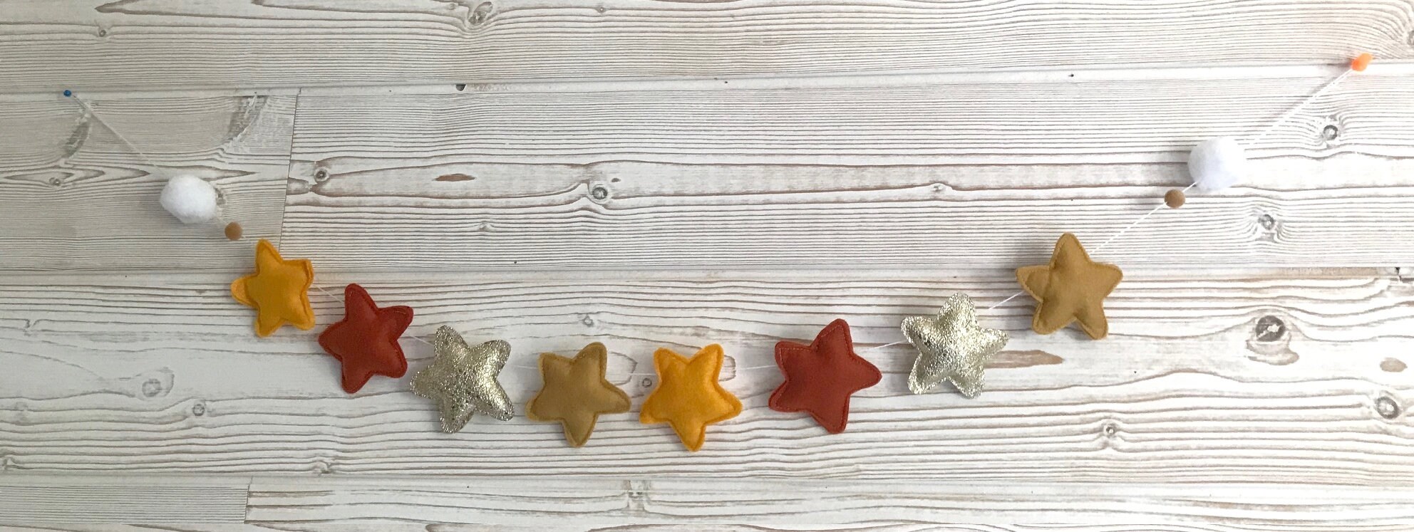 Guirlande Etoiles, Decoration Murale, Etoile Jaune, Marron, Doré, Camel, 8 Etoiles Feutrine