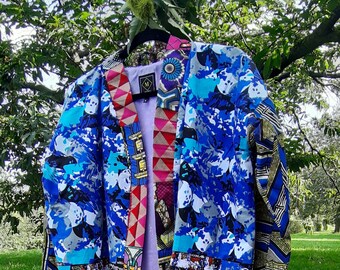 Blue Mixed Anakara Patchwork Kimono Jacket, One Of A Kind Patchwork Kimono Jacket. Size M/L  Or S/M Only One Available