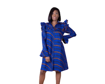 Blue Ankara Shift Dress | Ruffled Collar, Long Sleeve African Print