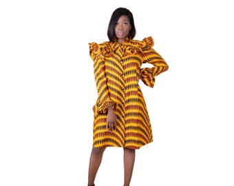 African Ankara Shift Dress | Ruffled Sleeve, Tie Collar