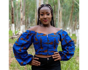 African Print Crop Top | Ankara Puff Sleeve, Front Zip