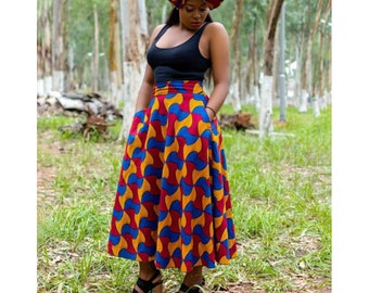 African Print Ankara Midi Skirt | Bold Waistband,Side Pockets