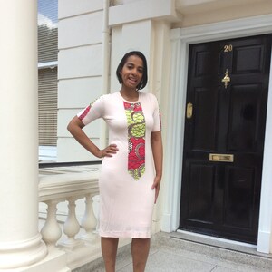 Ankara moda Bodycon vestido de cuentas de estampado africanos adornos, vestido, vestido de camisa ajustada. Trabajo de parches de Ankara. Sabía la longitud