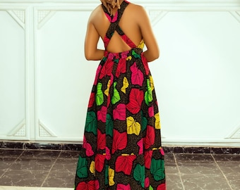 African Print Maxi Dress | Ankara Ruffled Halter Dress