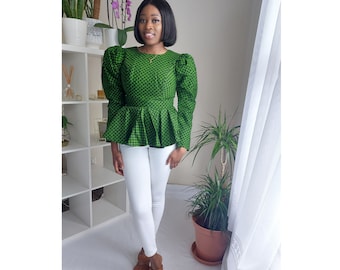 Green African Print Peplum Blouse | Puffed Sleeve Top