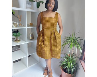 African Prints Dress,Yellow Ankara PrintTulips Dress,Unique Handmade Dress,Ankara Sleeveless  Cornered Neckline Dress,Party Dress.