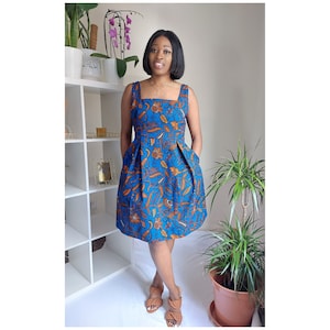 African Prints Dress,Blue Ankara PrintTulips Dress,Unique Handmade Dress,Ankara Sleeveless Dress,Ankara Cornered Neckline Dress,Party Dress.