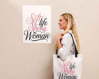 Red Soft Life Strong Woman Tote Bag • Feminine Quote Tote • Inspirational Tote for Women • Elegant Minimalist Bag • Gift for Her