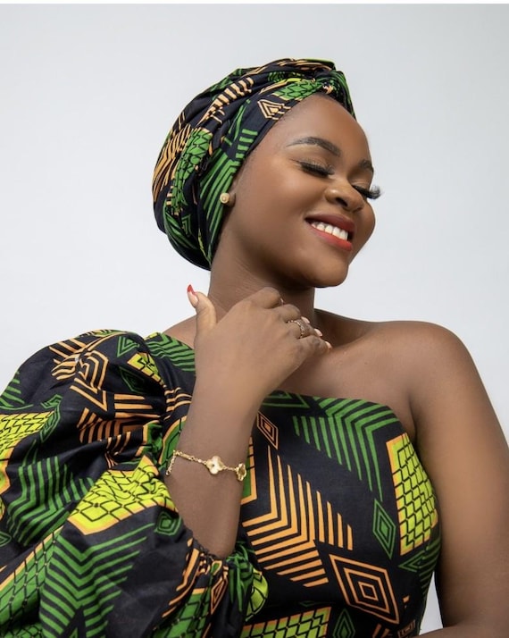 African Print Headwrap, Green Ankara Set, Nigerian Fashion 