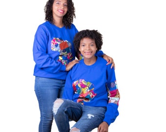 African Print  Blue Map Sweatshirt | Patchwork Ankara Jumper