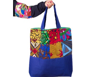 Denim Ankara Patchwork Tote Bag | Extra Large African Print Quilt Bag
