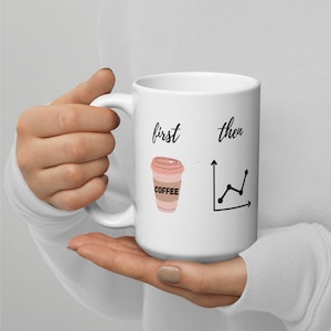 May include: White ceramic mug with the words "first then" and a graphic of a coffee cup and a line graph. The coffee cup is pink and brown with the word "COFFEE" on it. The line graph is black.