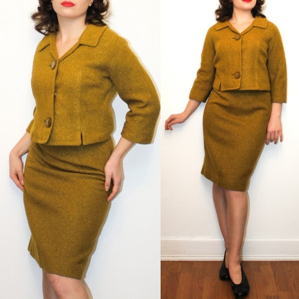 1950s  Mod Caramel Wool Cropped 2 Piece Suit Set - Vintage 3/4 Sleeve Blazer and A-line Skirt