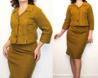 1950s  Mod Caramel Wool Cropped 2 Piece Suit Set - Vintage 3/4 Sleeve Blazer and A-line Skirt