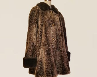 1970s Faux Persian Lamb Fur Coat with Brown Collar and Cuffs