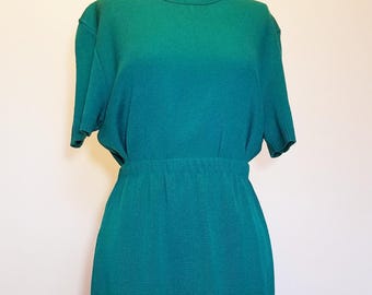 Vintage Two Piece Teal Knit Short Sleeve Sweater Top and Skirt Set