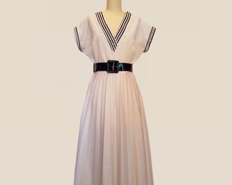 80's does 50's White Nautical Swing Dress with Navy Stripes