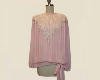 1980s Pink Accordian Pleated Blouse with Lace V Front Embelleshment