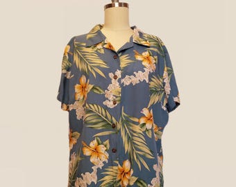 90's Blue Hawaiian Tropical Button Up with Coconut Buttons