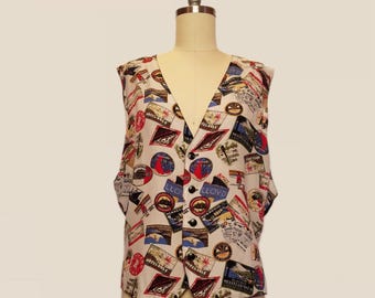 90's Vintage Travel Stamp Novelty Print Vest