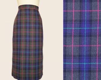 1980s Hot Pink, Teal & Purple Plaid Pencil Skirt with Backpleat