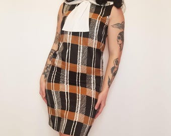 1960s Mod Dress, Black White Caramel Gingham with Peter Pan Collar Neck Tie