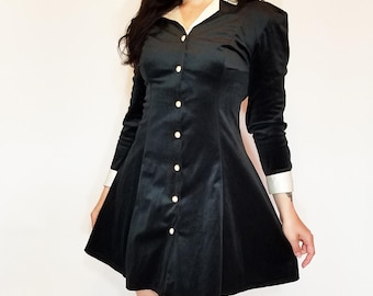 1980's Wednesday Addams Black Velvet White Collar and Cuffs Buttoned Long Sleeve Mini Dress