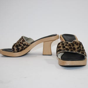 90s Guess Leopard Mules: Fuzzy Y2K Wooden Heel Sandals, Size 9