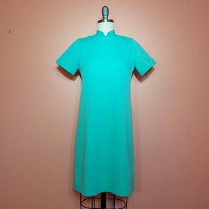 50s 60s Mod Mandarin Collar Handmade Shift Dress in Turqoise