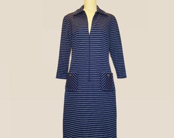 1970's Striped Mod Collared Zip Up Shift Dress with Pockets in Navy & White