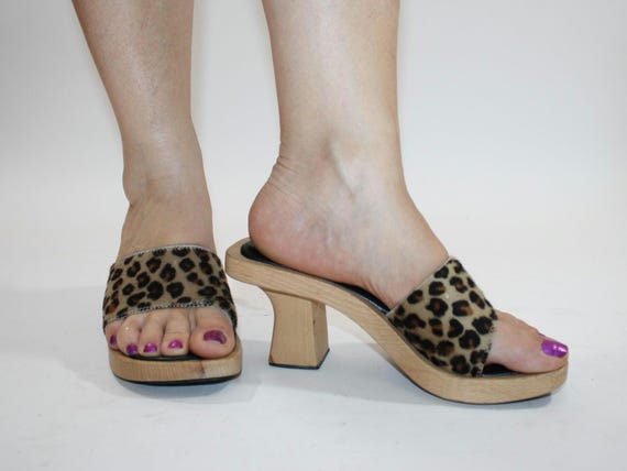 90s Guess Leopard Mules: Fuzzy Y2K Wooden Heel Sa… - image 7