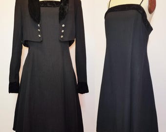 1980s Black Velvet Trim Dress Suit: Cropped Blazer, Spaghetti Strap Dress