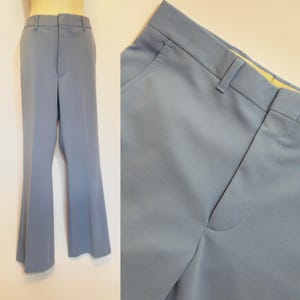 1970s Men&#39;s Dusty Blue Flare Leg Trousers - Waist 34 Inseam 30