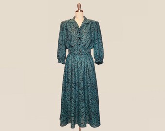 1980's Abstract Paisley Turqoise & Black Shirtwaist Midi Dress