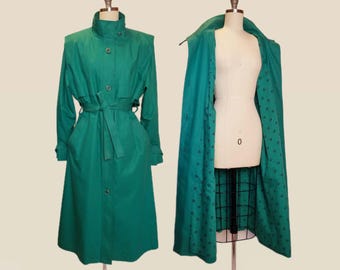 1980's Teal London Fog Mock Neck Trench Coat with Floral Lining