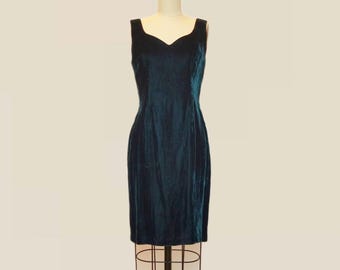1980s Dark Teal Velvet Cocktail Pencil Dress