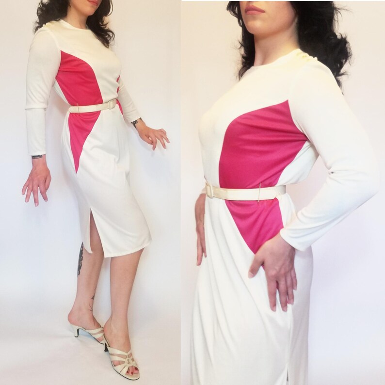 70s - 80's Colorblock Spandex Colorblock Belted Party Dress | Vintage ...
