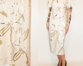 1980's Abstract Print Side Ruffle Dropwaist Dress with Flutter Sleeves