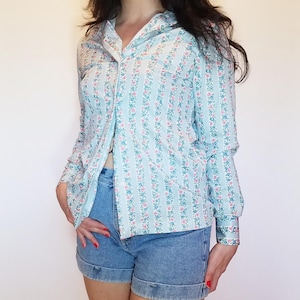 1970's Colorful Floral Button Up Collared Shirt Blouse