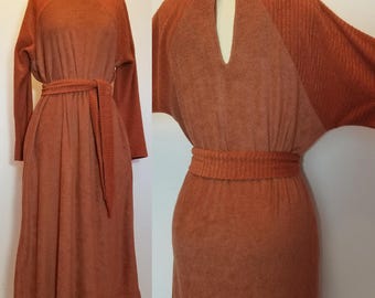 1970s Rusty Terrycloth Dolman Dress: Vintage Belted Longsleeve with Pockets