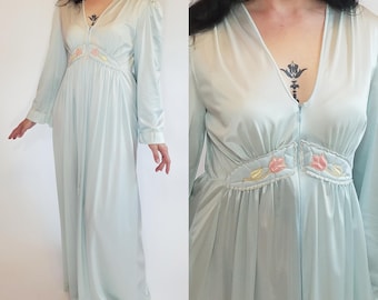 1970s Vintage Nylon Dressing Gown: Sky Blue Floral Appliques, Long Sleeve Maxi