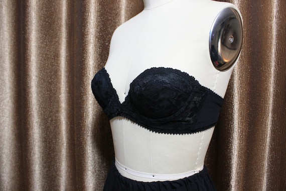 Vintage 32A Black Strapless Plunge Bra With Lace Overlay and