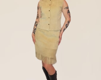 90's Western Mod Tan Suede Vest & Fringe Skirt Suit Set by Pelle Cuir