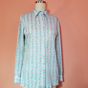 1970&#39;s Colorful Floral Button Up Collared Shirt Blouse