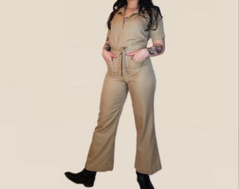 1970's Tan Collared Flare Leg Jumpsuit with Orange Contrast Stitching & Zipper
